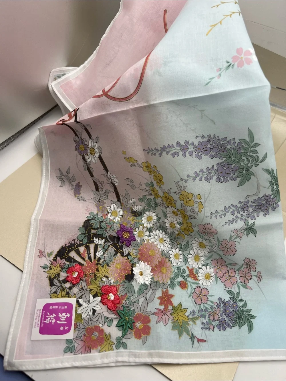 Scarf/Handkerchief Japan Festival Float Embroidered Cotton Pink/Light Blue NWT